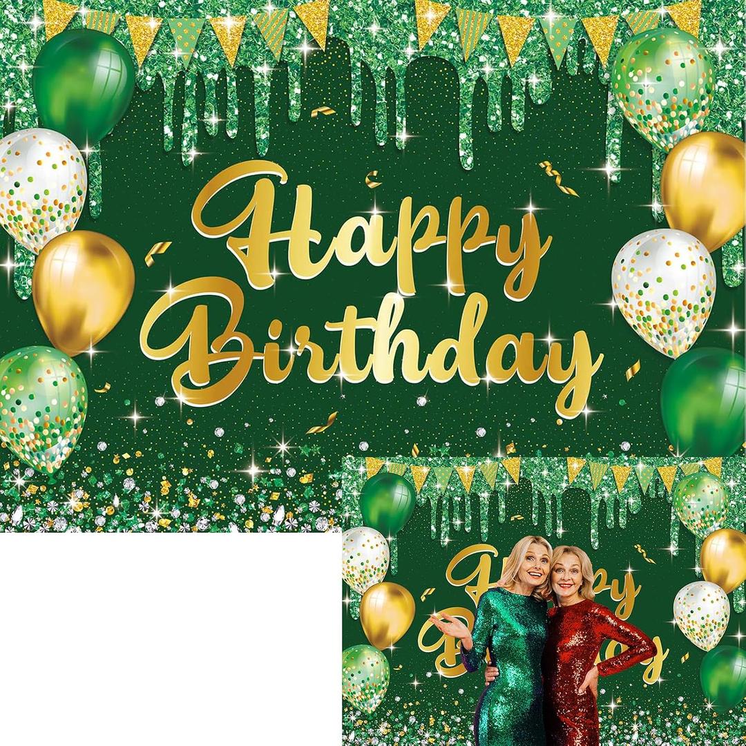 Green Gold Birthday Backdrop 7x5ft Gold Happy Birthday Photography Background for Men Women 30th 40th 50th 60th 70th 80th Kids Party Decorations Banner Photo Booth Props