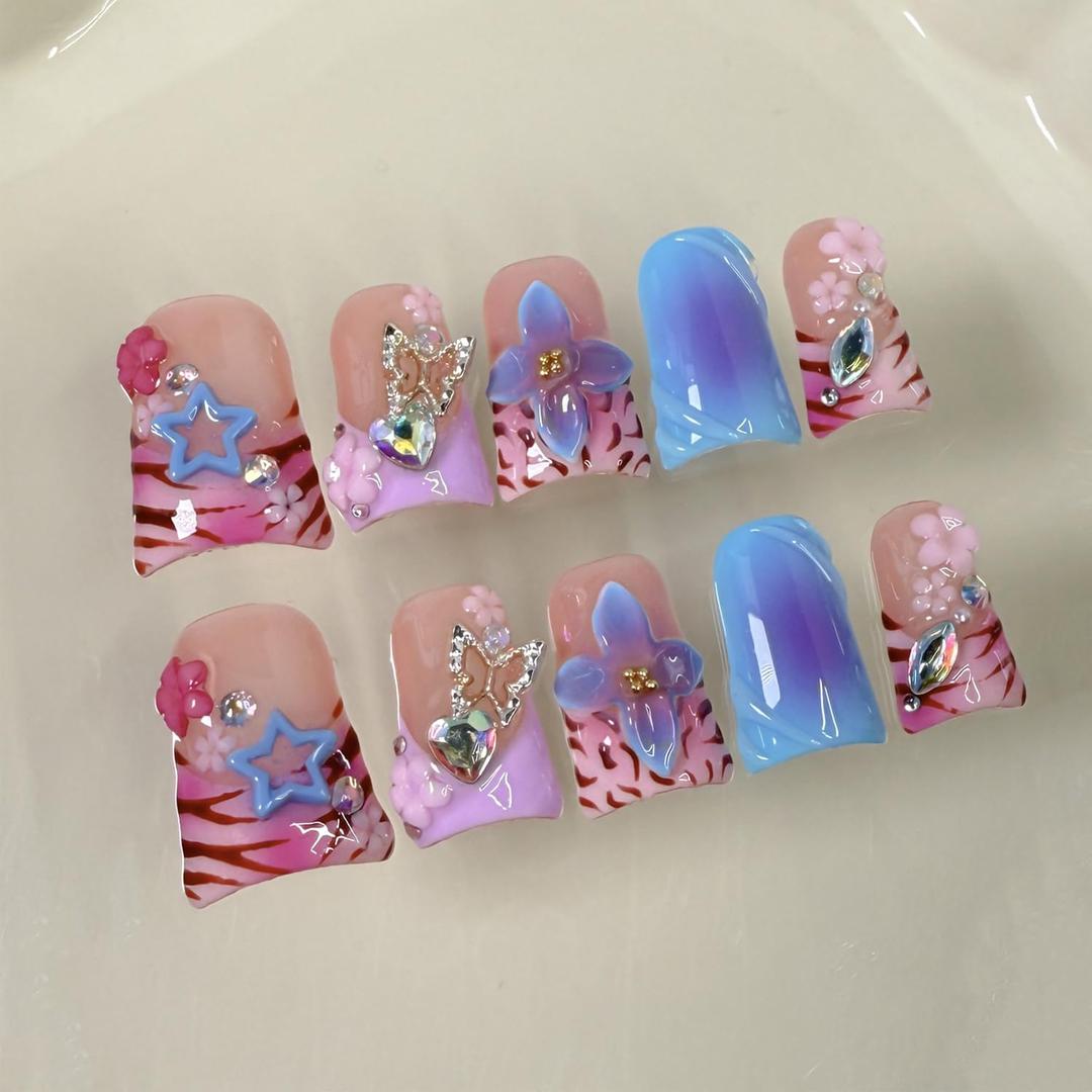 Thick Press on Nails Handmade Medium Duck Nails Pink Fake Nails 3D Flower Art False Nail with Gems Design Luxury Rhinestone Nature Reusable Acrylic Nail with Glue for Wome (Size S)