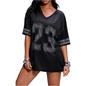 WDIRARA Women's Rhinestone Jersey Shirts Number Graphic V Neck Half Sleeve Loose Tops Streetwear (Large, Black)