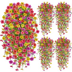 Artificial Hanging Flowers for Outdoors Summer Decoration, 4PCS Upgrade UV Resistant Faux Silk Hanging Plants for Outside, Garden, Porch, Window, Home Decor (Summer Color, 4PCS)
