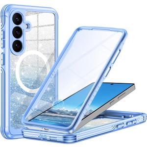 Hekodonk for Samsung Galaxy S25 Case Glitter,Compatible with MagSafe[Built-in Tempered Glass Screen Protector & Camera Lens Protection] Full Body Shockproof Protective Bling Phone Case,Blue
