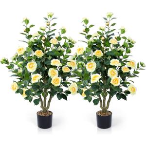 Artificial Camellia Tree 2 Pack 42" Faux Camellia Plant in Pot with 32 Blooming Flowers Fake Flower Tree Greenery Potted Plant for Indoor Outdoor Office Home Porch Decor Yellow