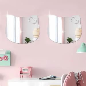 2Pcs Acrylic Wall Mirror Cute Kitty Home Room Bedroom Decor Decals Decorations Stickers Gift for Her Women Girls (12 x 10 inch, Kitty)