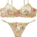 Sexy Floral Embroidered Flower Mesh Underwire Push Up Lingerie Set, M
