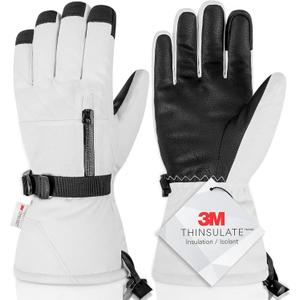 Unisex Waterproof Touchscreen Ski Gloves for Men Women, 3M Thinsulate Winter Snow Gloves with Pocket (Medium, White)