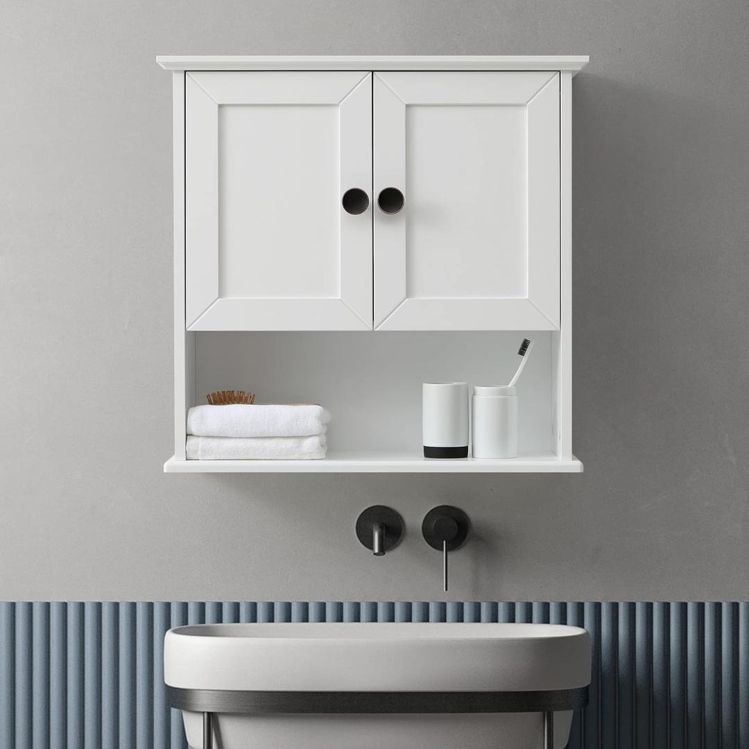 Bathroom Wall Cabinet Wooden Medicine Cabinet Buffering Hinge MDF Material Storage Organizer 23"x22" and Adjustable Shelves Cupboard Storage Cabinet with Handles (23x22 Black Handle+Open Space, White)