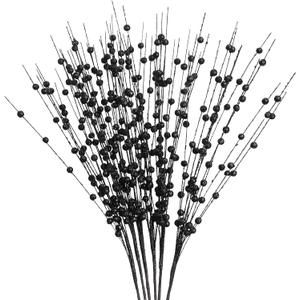 Felice Arts 6 Pack Black Artificial Glitter Berry Stems 15.7" Fake Decorative Glitter Sticks for Thanksgiving Table Runner Xmas Tree Vase DIY Wreath Crafts Fireplace Decor
