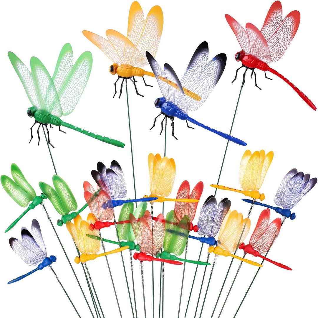 Amaonm 20pcs 3D Colorful Dragonfly Garden Decorations Decor Dragon Fly Garden Stakes Dragonflies Garden Ornaments Patio Decoration Dragonfly Stakes with Sticks, 4 Colors 2 Size