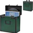 Vinyl Record Storage Case, Album Collection Organizer Box, Lockable LP Record Holder with Combination Lock, Holds 30+ Albums, Water Resistant Shell with Handle & Shoulder Strap, Black Green