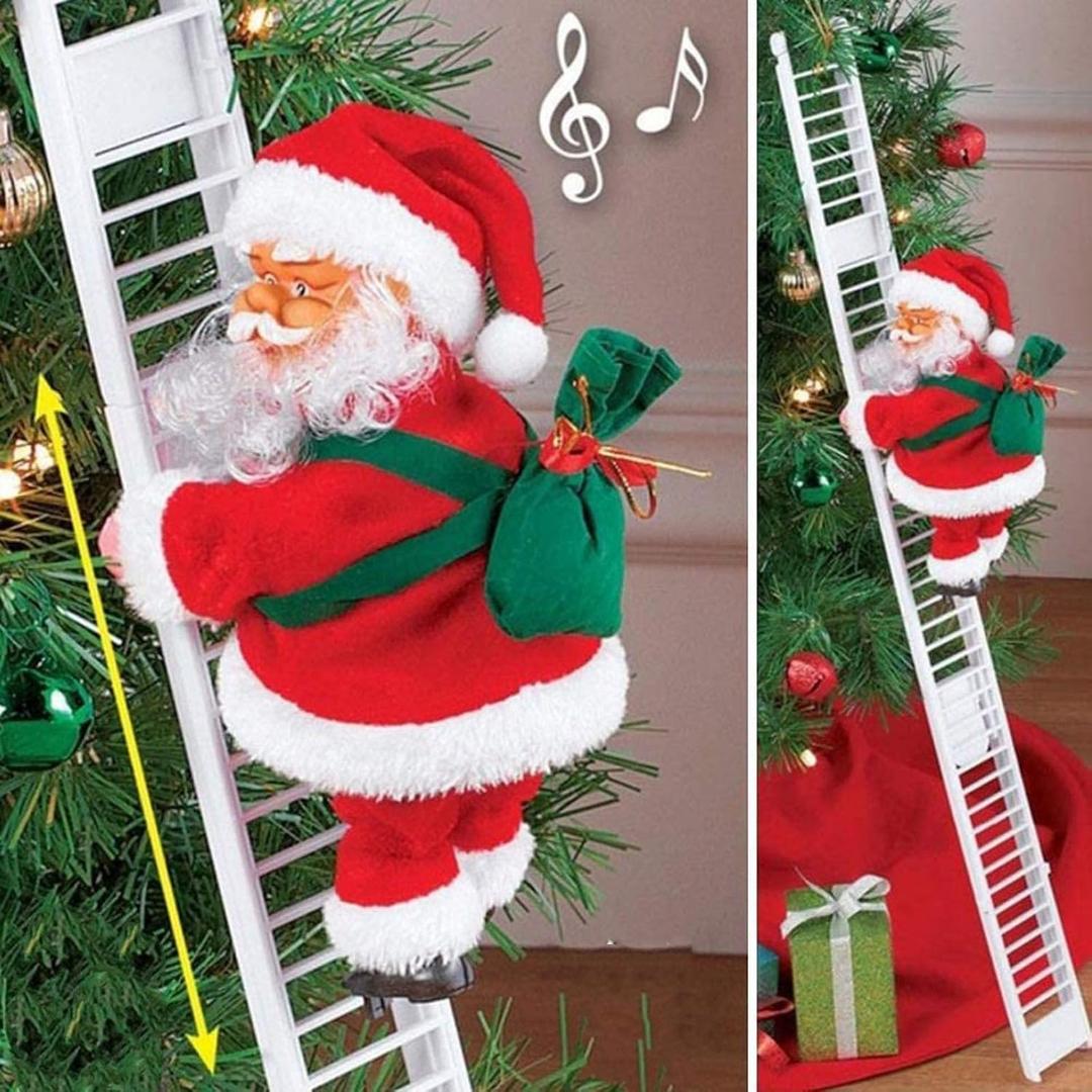 QUAAM Electric Santa Claus Climbing Ladder, Santa Claus on Ladder with Music - Christmas Tree Hanging Ornaments (White)