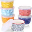 Selamica 6 oz Ramekins with Lids Oven Safe, Creme Brulee Ramekins Souffle Dishes with Covers, Pudding Custard Cups Stackable Ceramic Mini Ramekin Bowls Set for Baking, Dipping, Set of 6, Assorted Colors