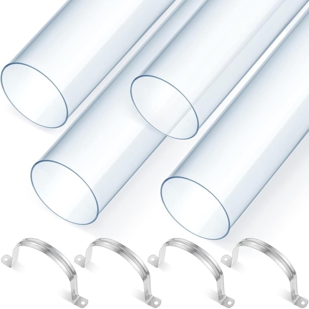 Sasylvia 4 Sets Dust Collection Clear PVC Pipe 4 x 36 Inches Long Rigid Clear Tube with Rigid Strap Clamp Heavy Duty Unbreakable Plastic Pipe Stainless Steel U Bracket for Dust Collection