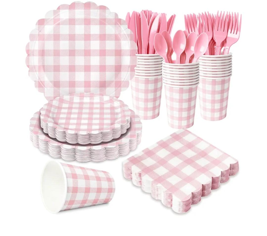 175 PCS Pink Gingham Party Supplies Includes Pink Gingham Paper Plates, Cups, Napkins, Cutlery for Baby & Bridal Shower, Wedding, Birthday Party, Outdoor Picnic, Serves 25
