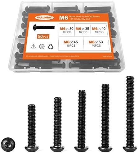 NIULUNBAO M6 x 30mm 35mm 40mm 45mm 50mm Button Head Socket Cap Screws Bolts 10.9 Grade Alloy Steel Metric Machine, Black Oxide Finish, Allen Hex Drive, Fully Threaded, Assortment Kit 36PCS
