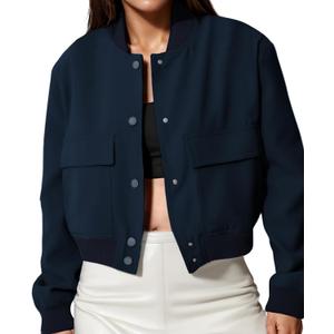 womens Cropped Bomber Jacket Button Down Varsity Jackets Shackets With Pockets (Small, Navy Blue)