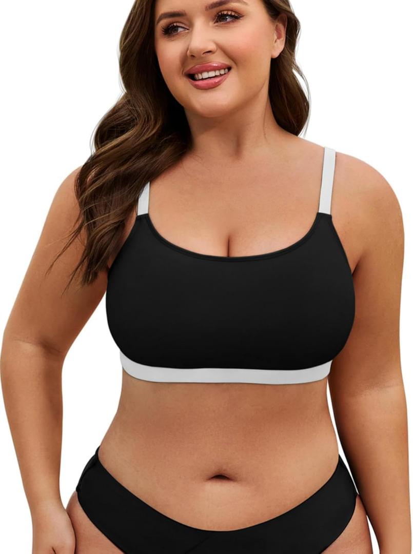 Scoop Neck Sports Bra Plus Size Bikini Tops Classic Large Bust Bathing Suits Top with Padded Crop Swimsuit, Black&White, 3XL