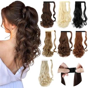 FELENDY 18" Ponytail Extension Curly Wavy Clip in Hairpiece Wrap Around Long Pony Tails Hair Extensions Synthetic for Women Ash Blonde Mix Light Brown