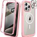 Diaclara Magnetic for iPhone 15 Pro Case, [Military-Grade Drop Proof & Fit for MagSafe] Built-in Shockproof Screen Protector, [Camera Lens Protector] Phone Cover for iPhone 15 Pro 6.1"(Coral Pink)