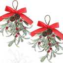 2 Pack Christmas Artificial Mistletoe Ornament with Red Bow Snowy Red Berries Christmas Hanging Mistletoe Decorations Bouquet Floral Natural Pine Cones Holiday Decoration Ornament Bouquet