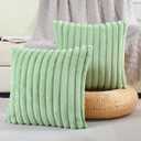 FUTEI Sage Green Striped Decorative Throw Pillow Covers 18"x18" Set of 2,Square Spring Decorations Couch Pillow Case,Soft Cozy Faux Rabbit Fur & Velvet Back,Modern Home Decor for Bed