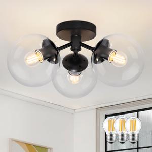 3-Light Modern Black Semi Flush Mount Ceiling Light Clear Glass Globe Ceiling Lights Mid Century Black Chandelier 3 Light Sputnik Ceilings Lights Fixture for Bedroom Hallway Entryway