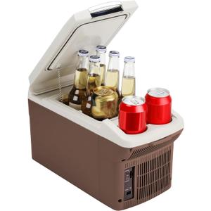 12V Car Refrigerator Cooler/Warmer 6 Quart (6L) 40~140,12 Volt DC &110V AC, Electric Car Fridge Portable Compact Camping Cooler, Thermoelectric 12V Small Fridge for Car, RV, Camping (Brown)