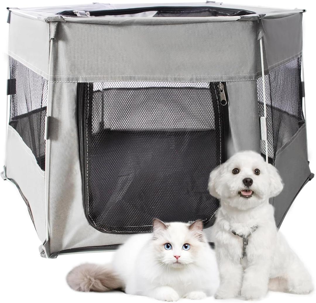 Portable Dog Cat Playpen,Foldable Large Waterproof Pet Playpens Indoor Exercise Play Pen with Removable Shade Cover Collapsible Dog Kennel Tent Crate Outdoor Travel Camping Use(Large,Gray)
