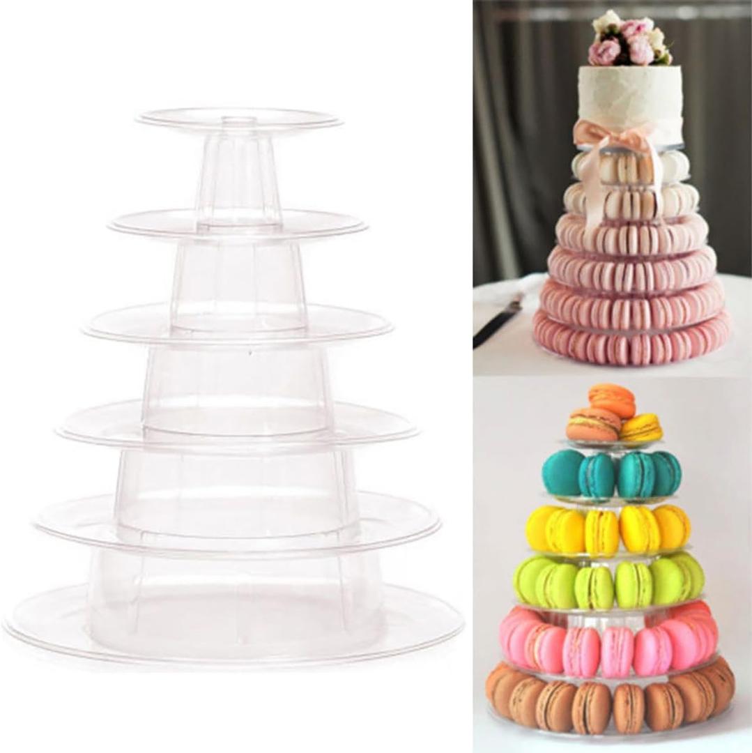 6 Tiers Macaroon Tower Stand, Round Macaron Tower Cake Display Rack Plastic Cupcake Stand Macarons Desserts Serving Tray for Birthday Wedding Party Decor (6 Tiers) (9", Transparent)