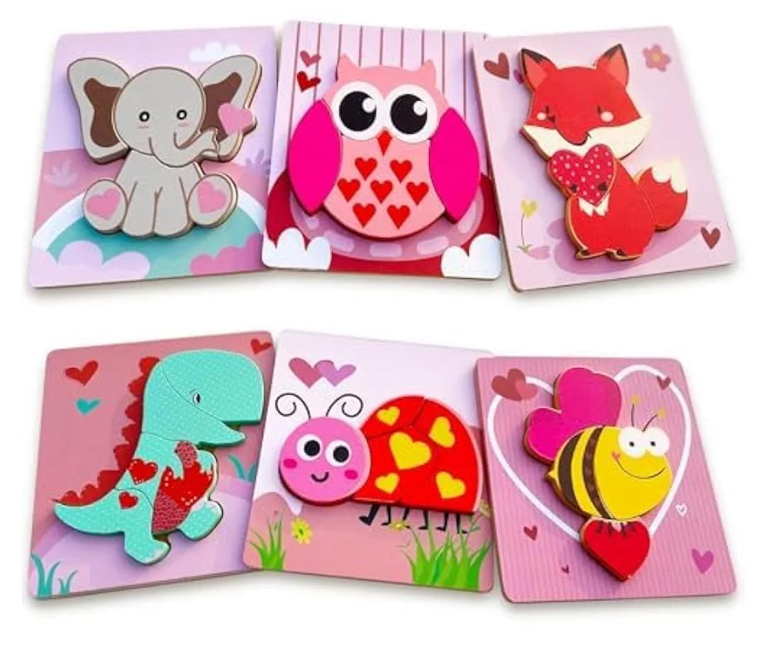 Valentines Day Wooden Puzzles 6 Pack Wooden Puzzles for Toddlers Valentines Day Gift for Toddler Toys for 1 2 3 4 Year Old Boys Girls Gifts My First Birthday Day Toys