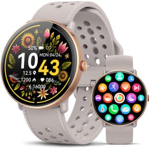 Smart Watch for Women Men, for Android iOS with Sleep Monitor, Pedometer Fitness Tracker, Bluetooth Call, IP68 Waterproof, 112+ Sport Modes Calorie Counter Round Smartwatch (Casual, Gold-Pink, 1.39)