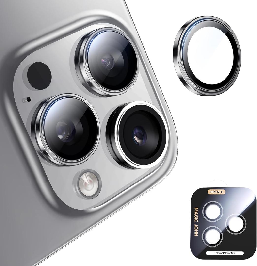 MAGIC JOHN for iPhone 16 Pro Max/16 Pro Camera Lens Protector [Alignment Kit&1:1 Invisible Perfect Fit] 9H Aerospace Tempered Glass Anti-Scratch Durable, Individual Cover Ring, Case Friendly, Set of 2, Silver
