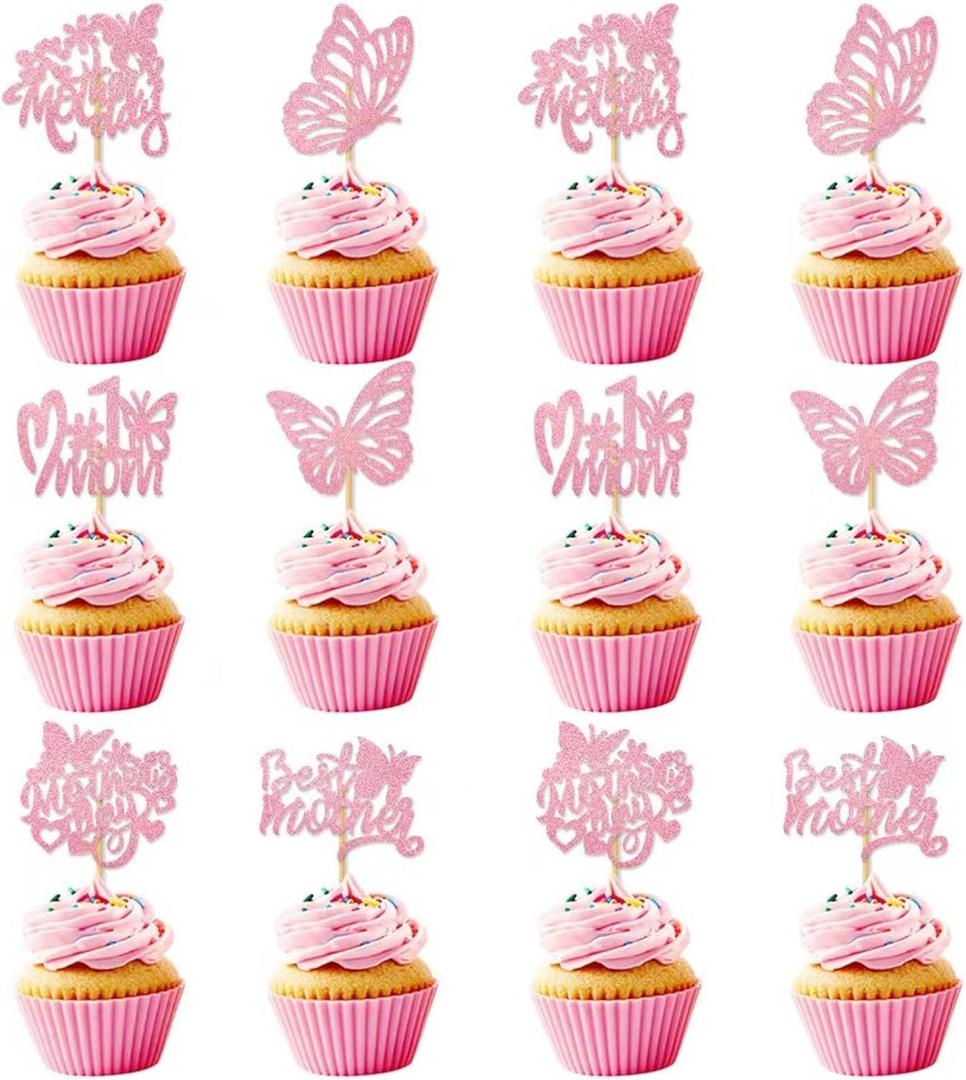 3 x 12Pcs Butterfly Cupcake Toppers,Pink Glitter Cake Toppers Baby Shower Cupcake Picks for Coquette Theme Party Decoration Engagement Wedding Baby Shower Party Cupcake Decor