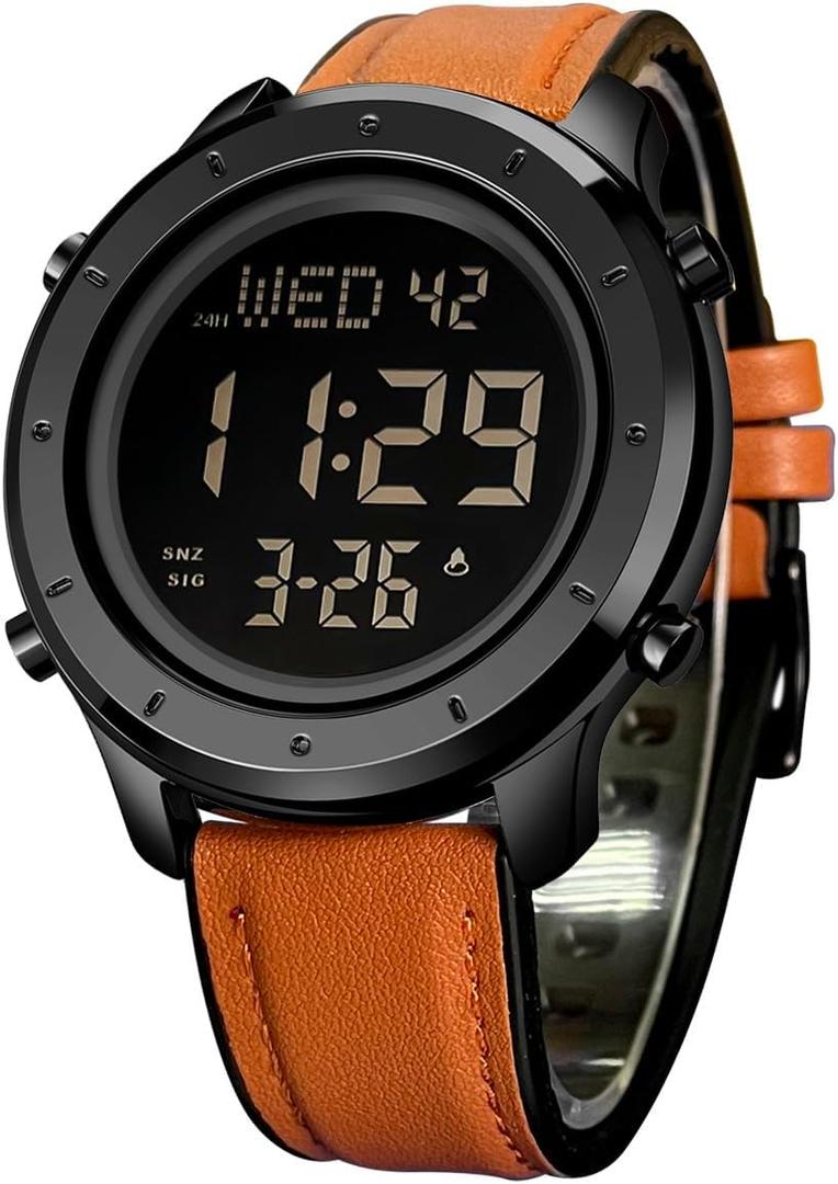 Mens Leather Watch for Men Digital Watch Men's Wrist Watches LED Minimalist Stainless Steel Waterproof Stopwatch (Brown)