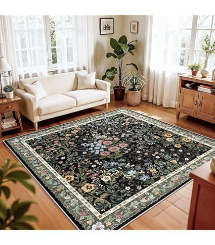 Moss Green 6x6 Square Rug - Soft Washable Boho Floral Living Room Rug Non Slip Stain Resistant Dark Forest Botanical 6' Square Area Rugs for Bedroom Entryway Dining Room Office Nursery Foyer