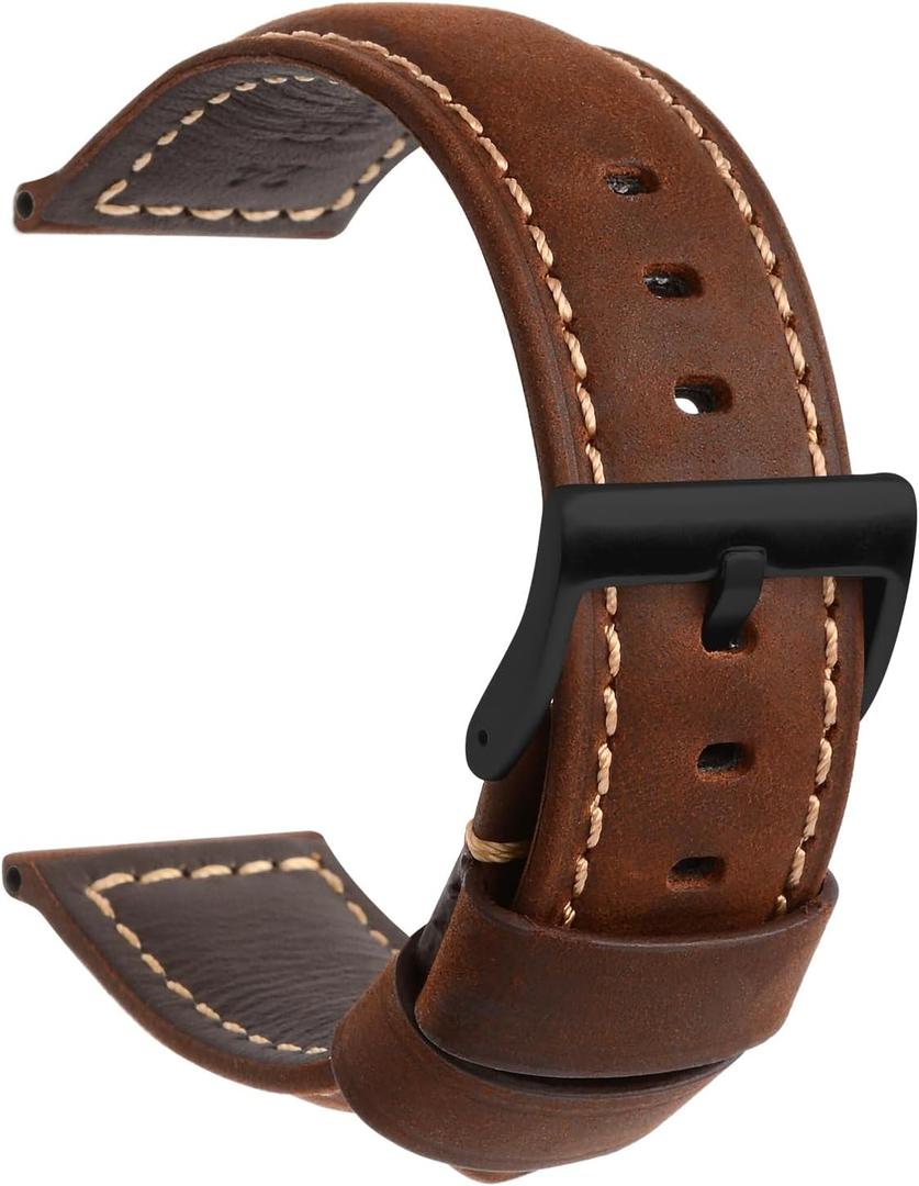 TStrap Leather Watch Band 20mm 22mm 24mm - Black Vintage Soft Watch Strap for Men Thickly - Padded Smart Watch Bands Bracelet w/Black Clasp Buckle Replacement
