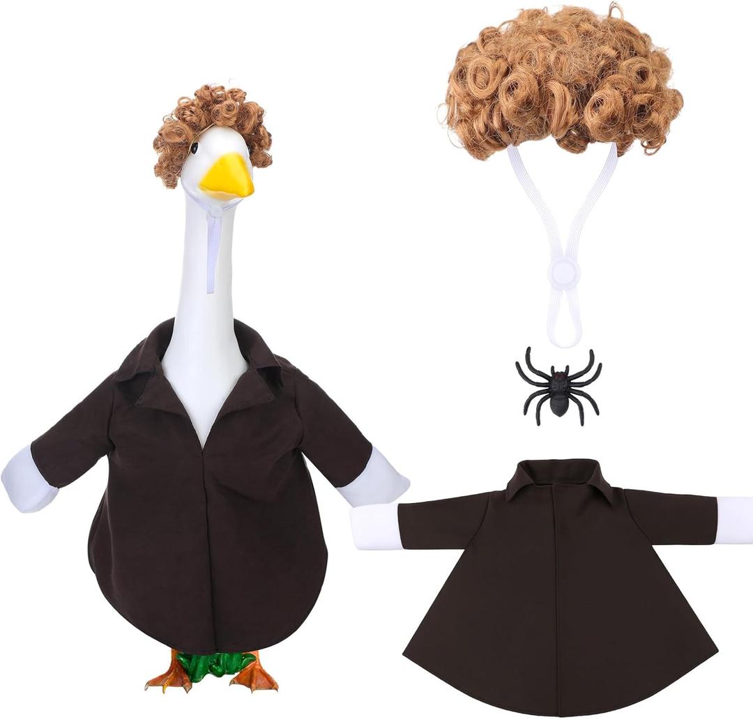 Aliceset Christmas Home Bandits Porch Goose Outfit Set Funny Movie Porch Goose Costume Include Coat Brown Afro Wig and Spider for 23'' Statue Patio Garden Decoration