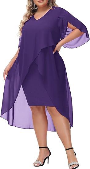 Hanna Nikole Womens Plus Size Chiffon Cocktail Dress Ruffle 3/4 Sleeve Wedding Guest Party Dresses with High Low Hem
, Size 18W