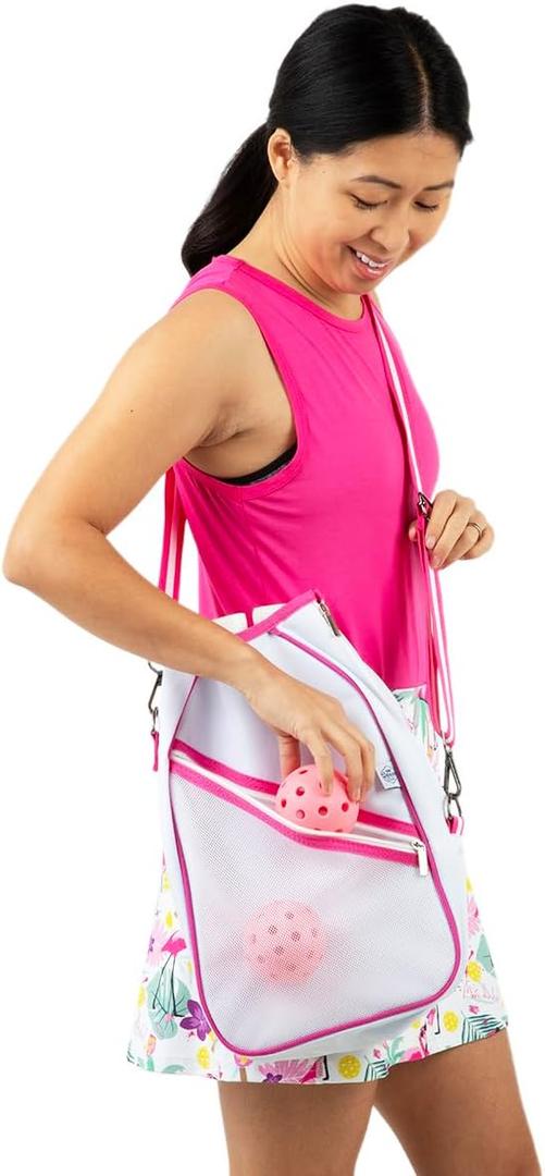 Pickleball Paddle Bag Crossbody style for Women, small pickleball bag with fence hook, lightweight pickleball crossbody bag (White/Pink)