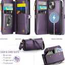 Strapurs for iPhone 15 Plus Detachable Wallet Case Compatible with Magsafe, RFID Blocking 9-Card Holder Zipper Wrist Strap Lanyard PU Leather Magnetic Phone Case for iPhone 15 Plus 6.7", Purple