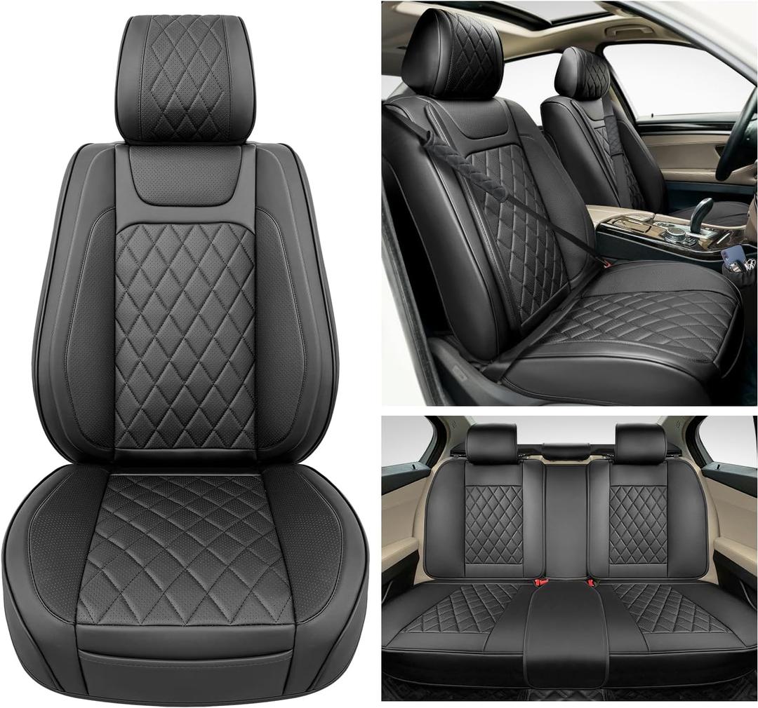 Leather Car Seat Covers Full Set,Unique Rear Design Easy to Install Car Seat Cover Protectors,Universal Full Surround Front Back Auto Seat Cover,Car Seat Cover for Sedan Cars Pick-up Trucks SUV (Seat Cover Full Set Black)