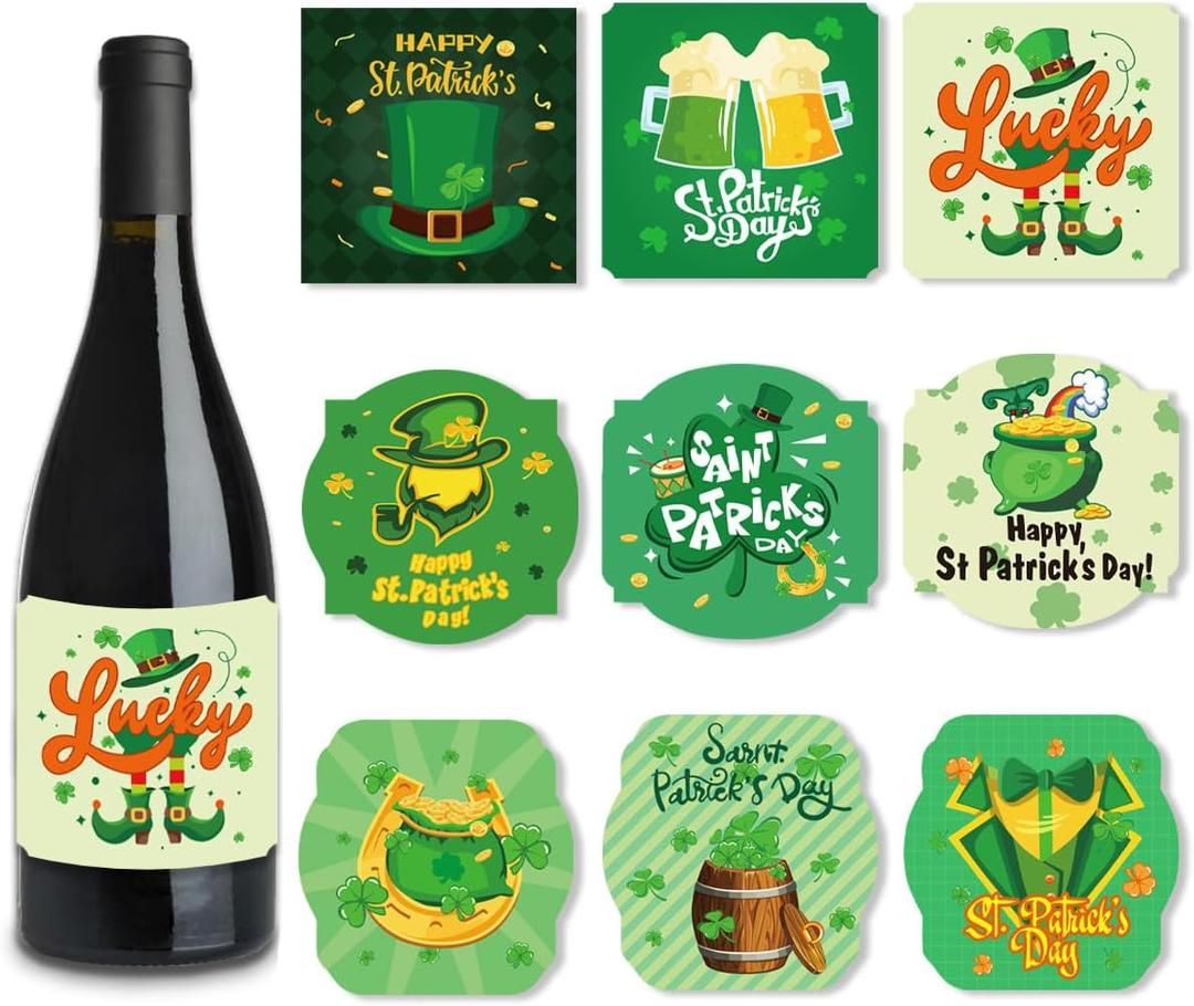 45 Pieces St. Patrick's Day Wine Label Bottle Stickers Green Shamrocks Wine Bottle Cover Happy St. Patrick's Day Water Bottle Sticker Cup Labels for St. Patrick's Day Party Decoration Supplies