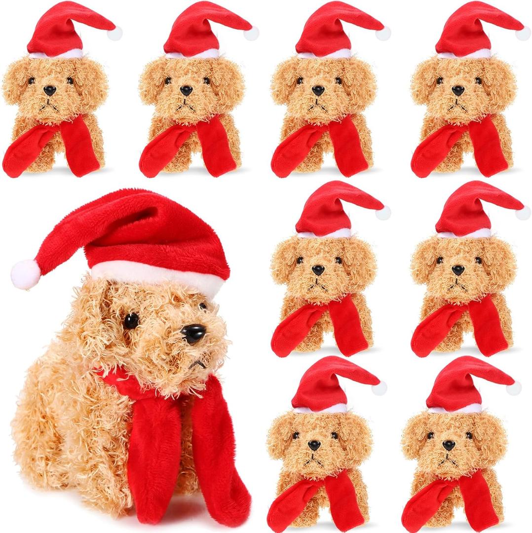 Aoriher 8 Pcs Christmas Stuffed Dog 5.5 Inch Christmas Puppy Mini Stuffed Puppy with Santa Hat Small Plush Dog with Red Scarf Xmas Plush Animal for Party Favor Gift (Light Brown)