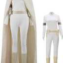 Women Padme Amidala Cosplay Shirt Pants Belt Robe Cloak Jedi Padme Costume Battle Uniform White for Halloween (Large)