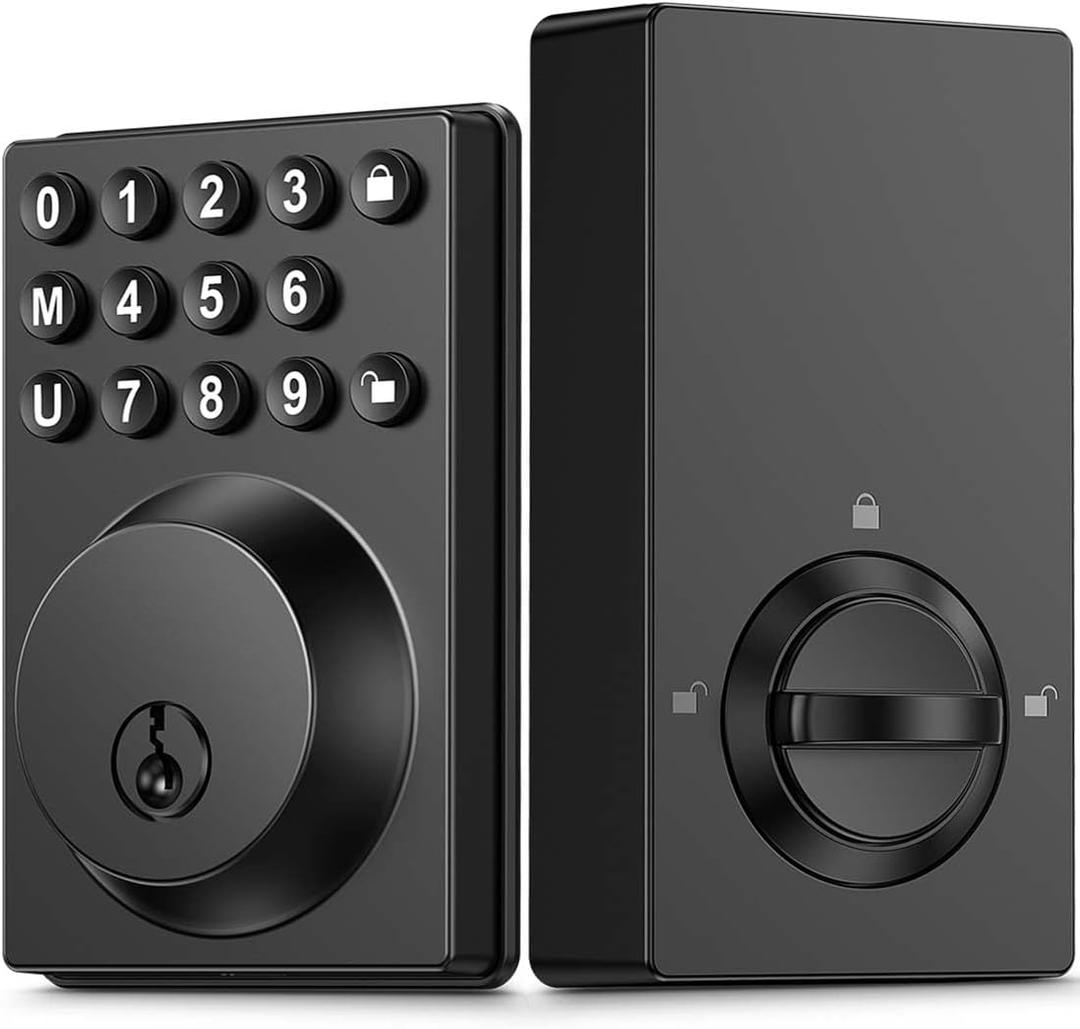 Keyless Entry Front Door Lock Keypad Deadbolt Matte Black with Latest One-Touch Simplified Program and Advanced Security Auto Lock Easy Installation 2 Spare Key