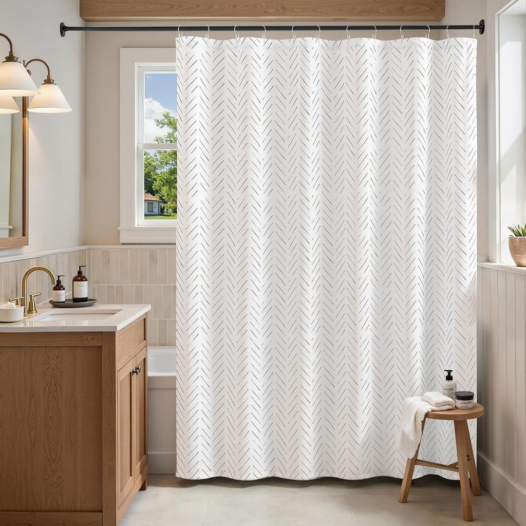 Jinchan Extra Long Taupe Grey and White Shower Curtain Inky Herringbone Chevron Zig Zag Waterproof Fabric Modern Farmhouse Shower Curtains for Bathroom with 12 Hooks 70x84 Inches