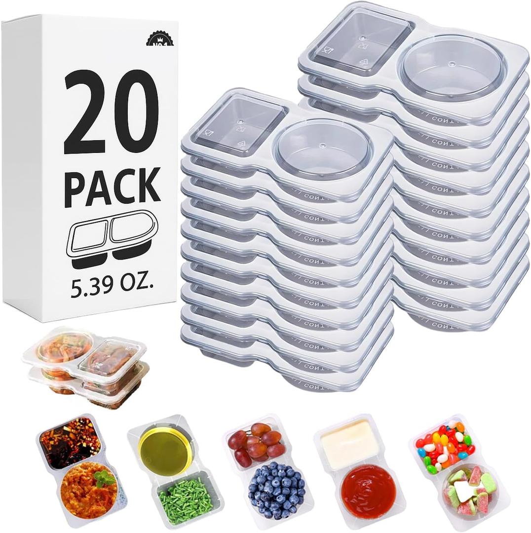 20 Sets Reusable Snack Containers Double Compartment Snackle Box Container with Lids - Leak-Proof BPA-Free Food Storage, Condiments Portion Control Dip Cups for Kids School Lunches, Meal Prep, Takeout (Transparent 20-pack)