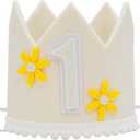 First Birthday Crown, Felt Party Hat with Yellow Daisies, White Number 1, Elastic Band