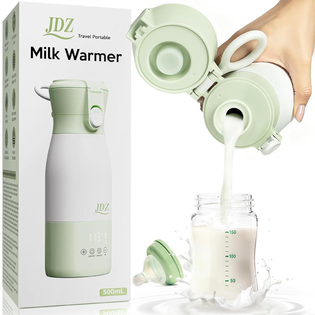 JDZ Portable Bottle Warmer 16000mAh Rechargeable, 17oz Milk Warmer for Travel with Rapid Heating, 7 Temp Settings, 316 Stainless Steel Water Warmer with LED Display for Breast Milk, Formula, Water (Green)