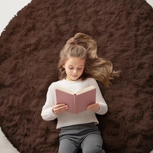 OLANLY Coffee Round Rugs for Bedroom - Machine Washable, 5 ft Circle Area Rugs for Living Room, Soft and Fluffy Shaggy Carpet for Teen Girls and Boys, Nursery Rooms, Dorms, Home Decor Aesthetic