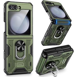 VEGO for Samsung Flip 5 Case, Galaxy Z Flip 5 Case with Hinge Protection & Built-in Screen Protector, 360 Magnetic Ring Stand Protective Phone Cover, Drop Proof for Samsung Galaxy Z Flip 5 5G - Green